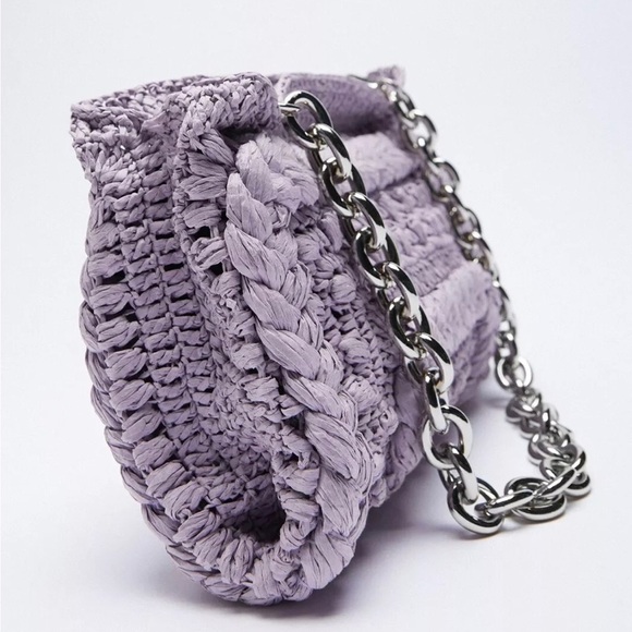 ZARA Lavender/Lilac Woven Straw Purse Silver Chain Shoulder Bag - Picture 3 of 12